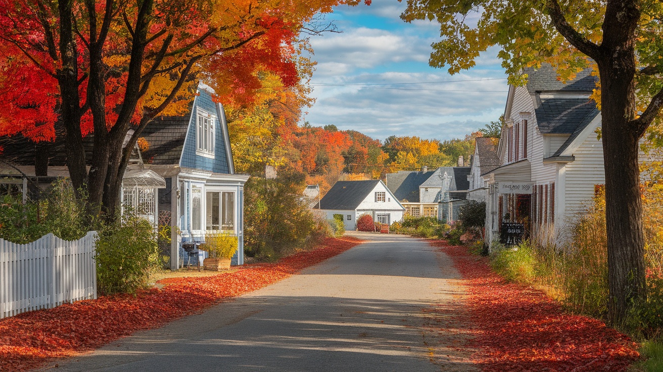 A scenic New England street lined with colorful autumn trees and quaint houses.