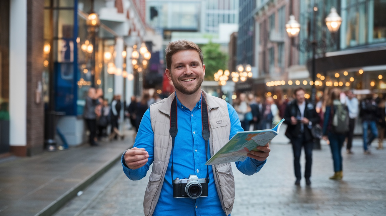 A man exploring a busy street with a map in hand, looking happy and confident.