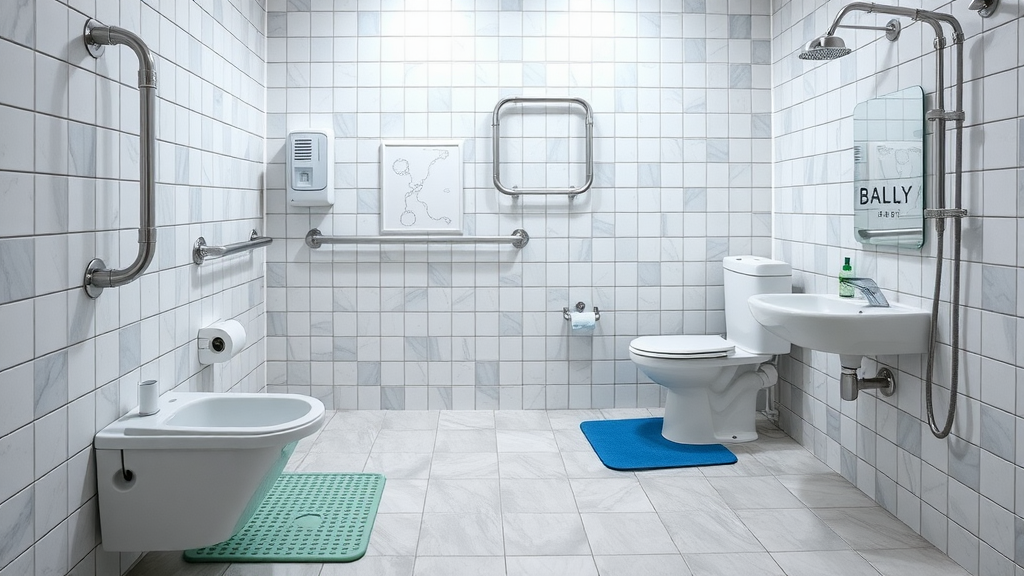 A modern bathroom featuring safety features like grab bars and non-slip mats.