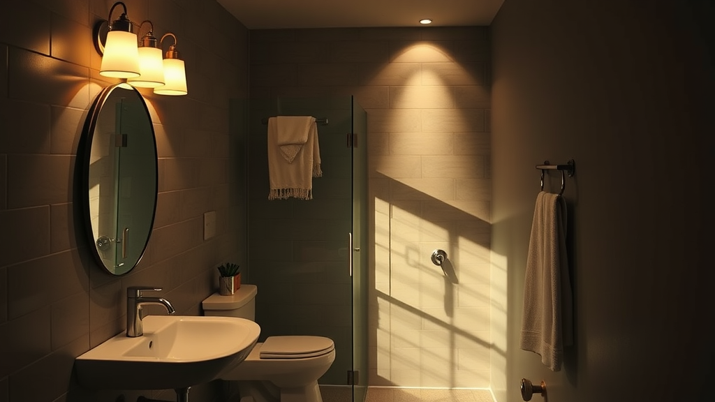 A well-lit modern bathroom with soft yellow lights, a round mirror, and a glass shower.