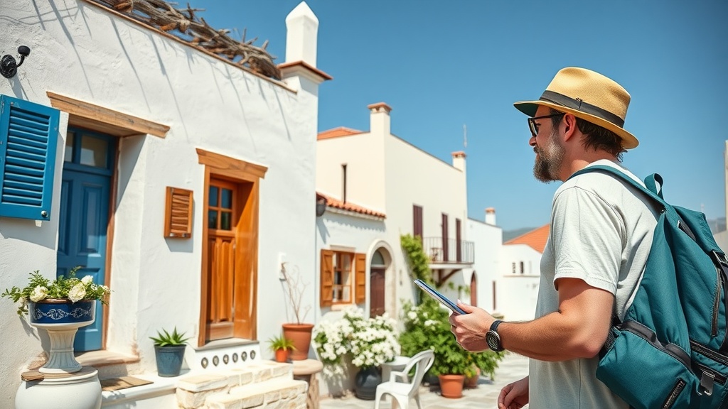 A traveler with a backpack and a hat looking at charming Greek architecture.