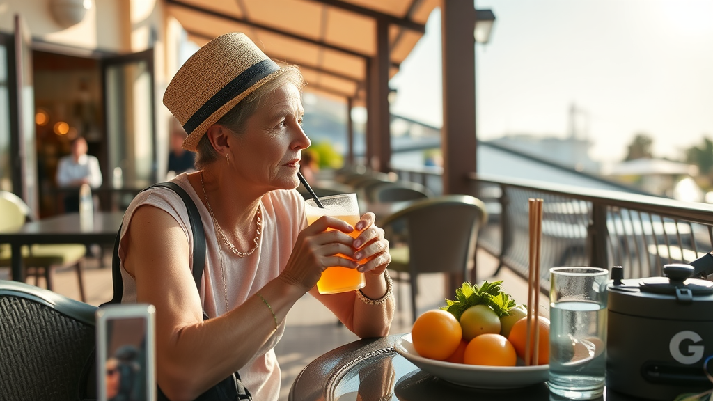 A woman enjoying a refreshing drink with water glasses and fruit on the table, depicting the importance of staying hydrated in hot weather.