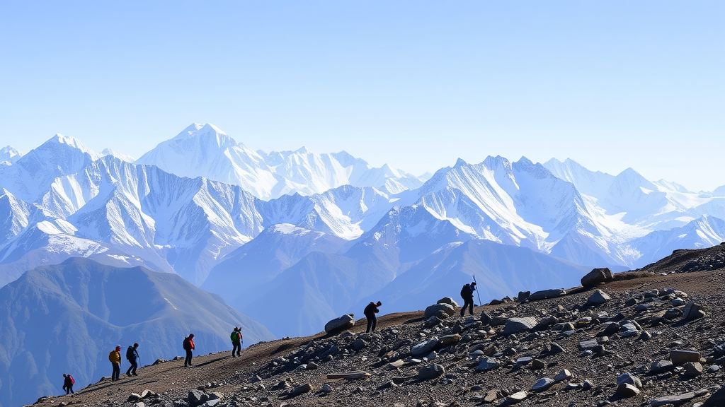 People trekking in the Himalayas with snow-capped mountains in the background.