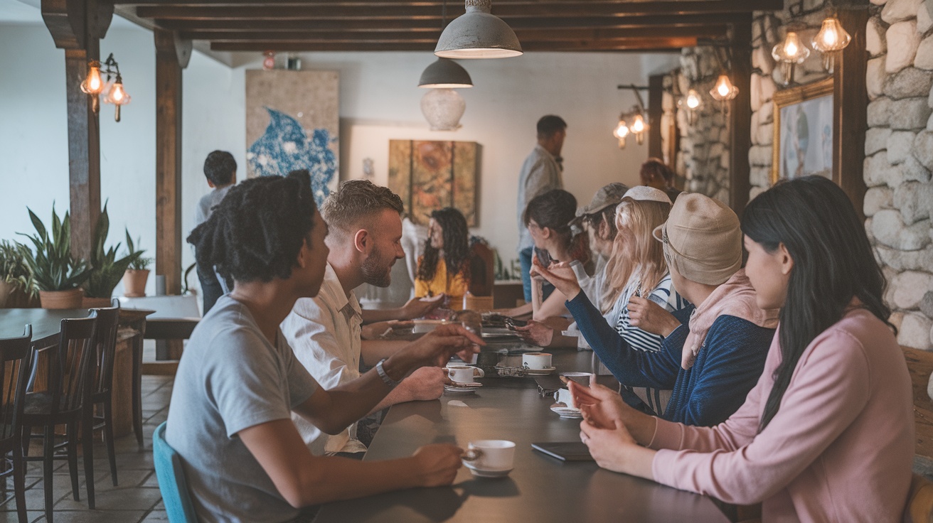 A cozy café with travelers sitting around a long table, enjoying coffee and engaging in conversation.