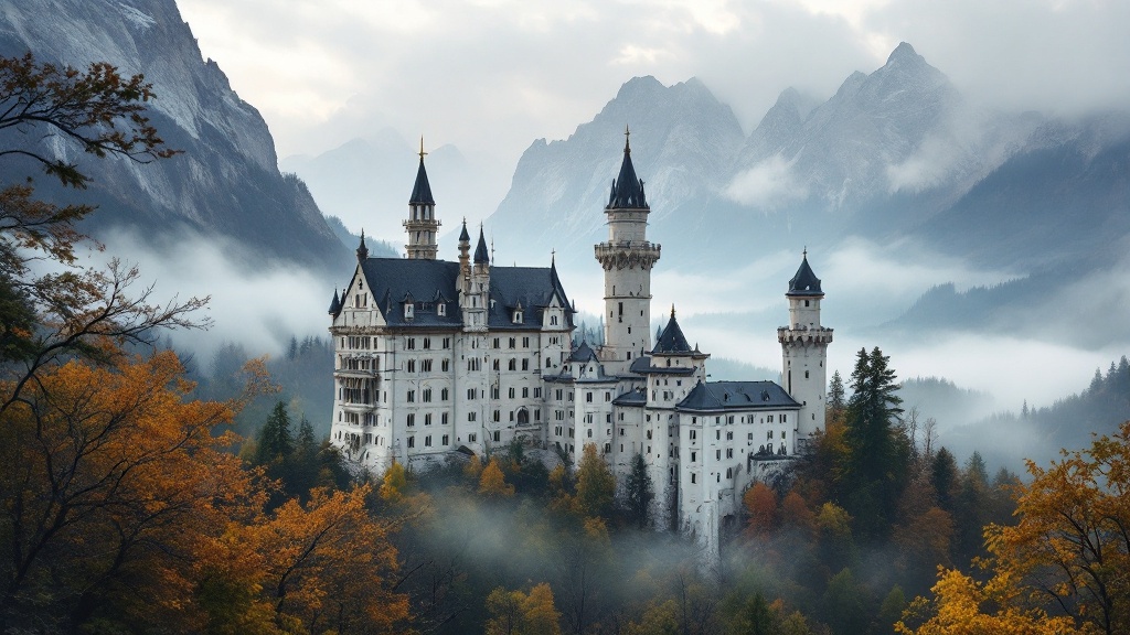 Neuschwanstein Castle surrounded by mountains and trees in a misty landscape