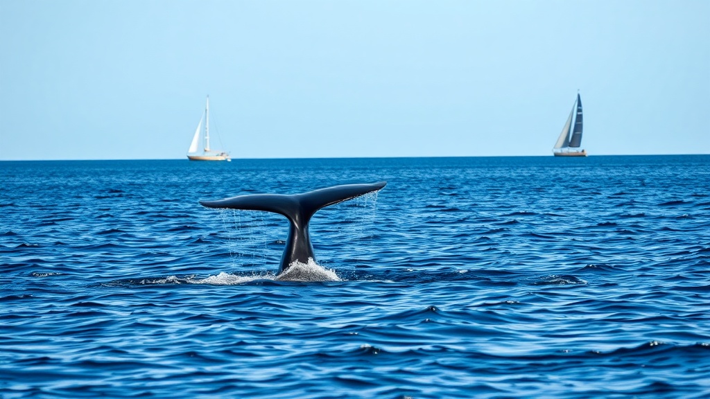 Whale tail emerging from the ocean with sailboats in the background.