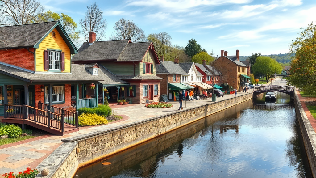 A picturesque view of New Hope, Pennsylvania with colorful houses along a canal.