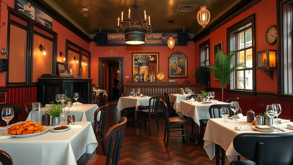 A cozy restaurant setting in New Orleans with tables dressed in white cloth and plates of food ready to be served.