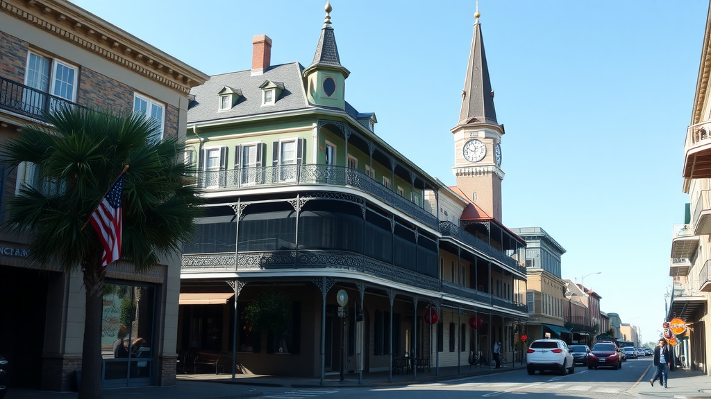 A bustling street scene in New Orleans showcasing lively shops and people enjoying the vibrant culture.