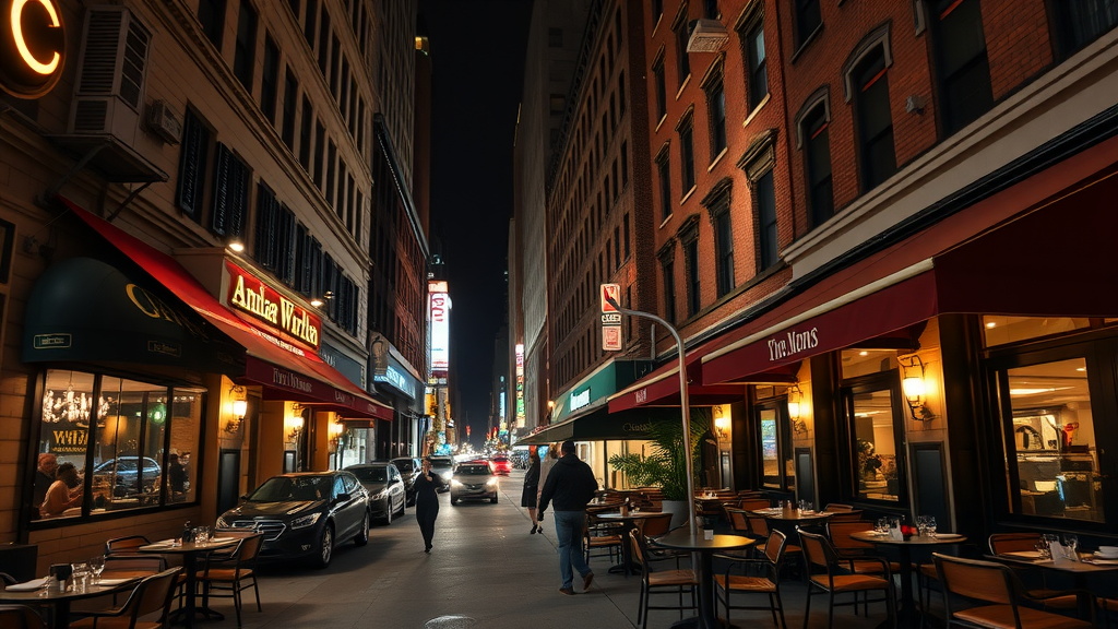 A bustling street in New York City lined with fine dining restaurants and outdoor seating at night.