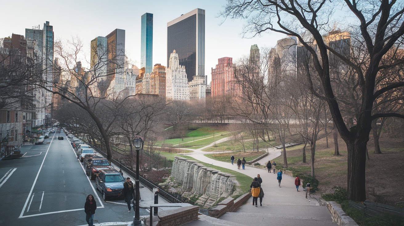 A view of Central Park and New York City skyscrapers, showcasing walking paths and greenery.