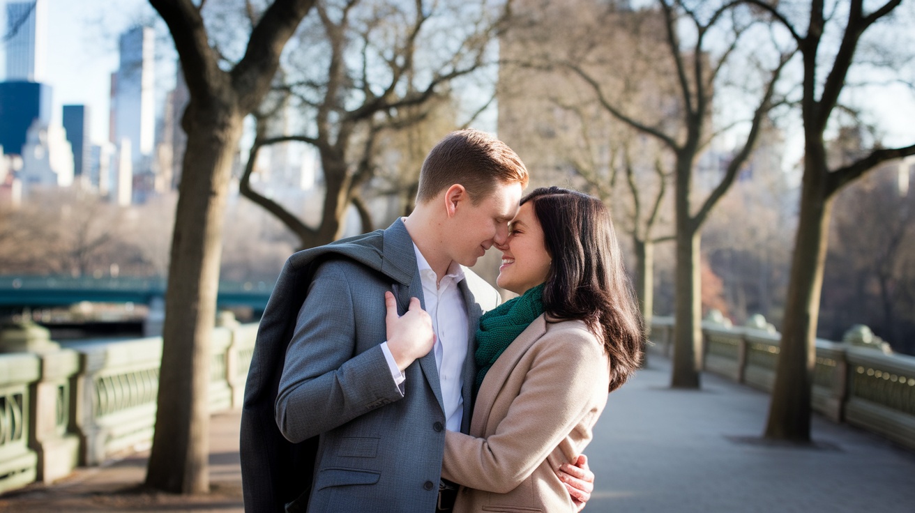 A couple sharing a romantic moment in Central Park, New York, with a city skyline in the background.