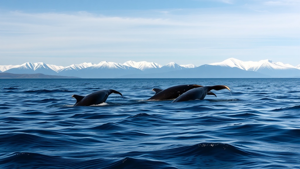 Whales swimming in the ocean with snowy mountains in the background.