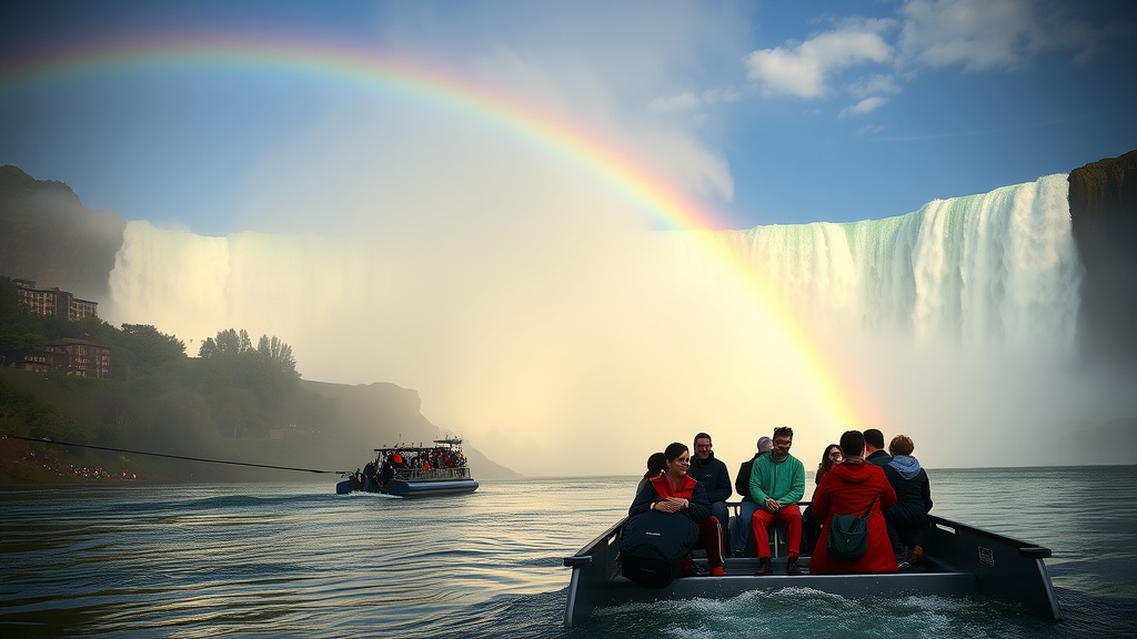 A boat full of tourists near Niagara Falls with a rainbow in the background.