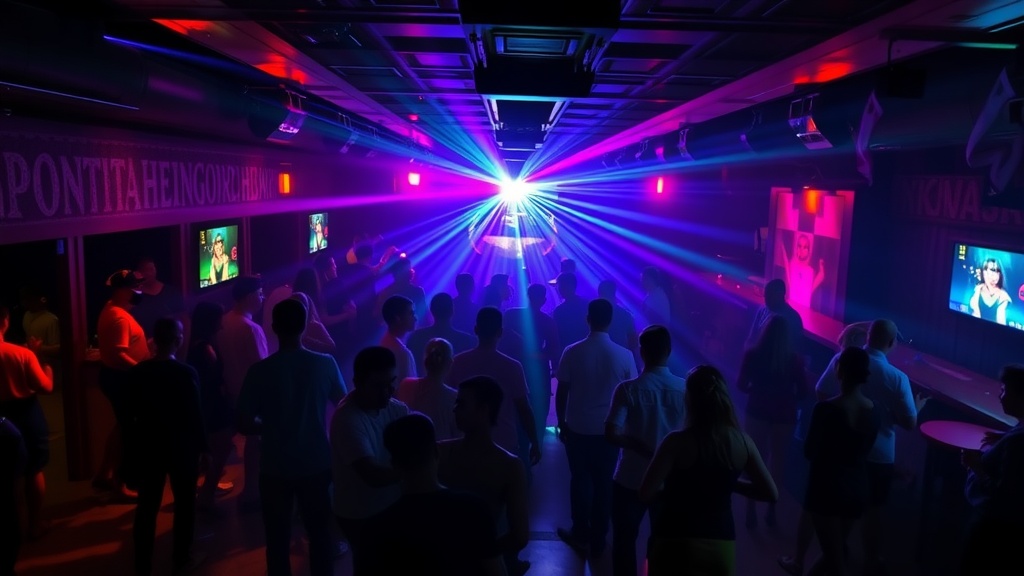 Lively nightclub scene in Punta Cana with colorful lights and dancing people