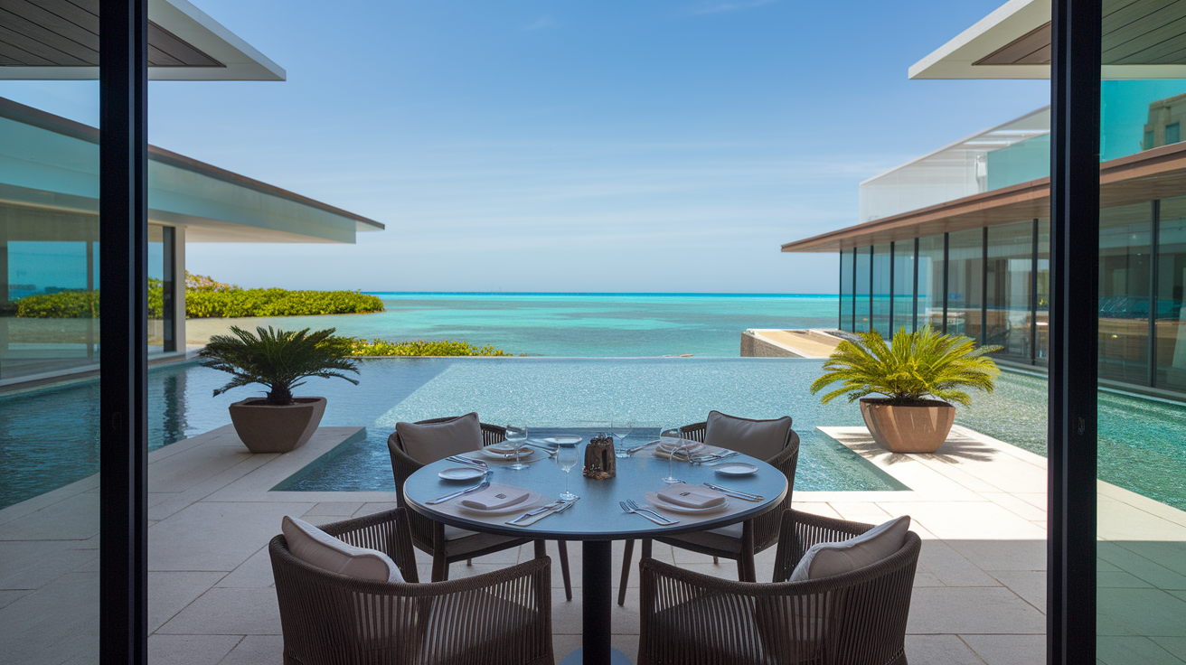 Outdoor dining area overlooking the Caribbean Sea at Nizuc Resort & Spa, Cancun