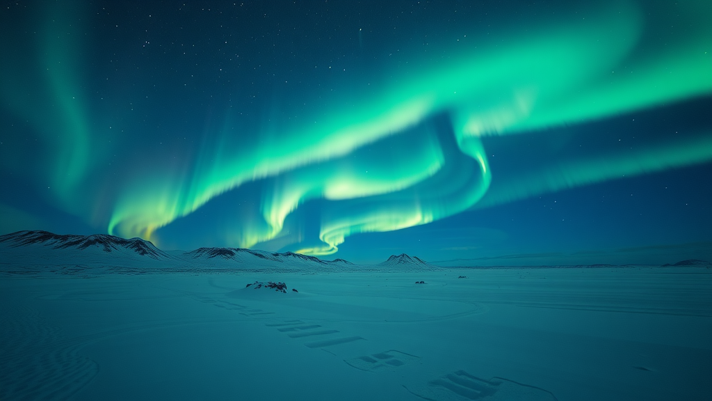 Northern Lights illuminating a snowy landscape in the Arctic Circle.