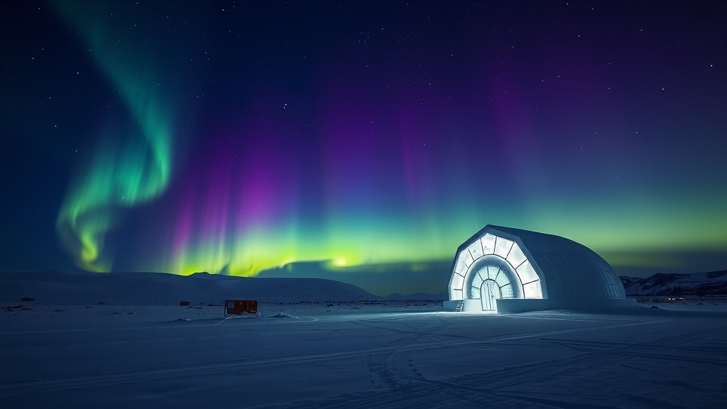 A stunning display of the Northern Lights over an ice hotel, showcasing vibrant colors in the night sky.