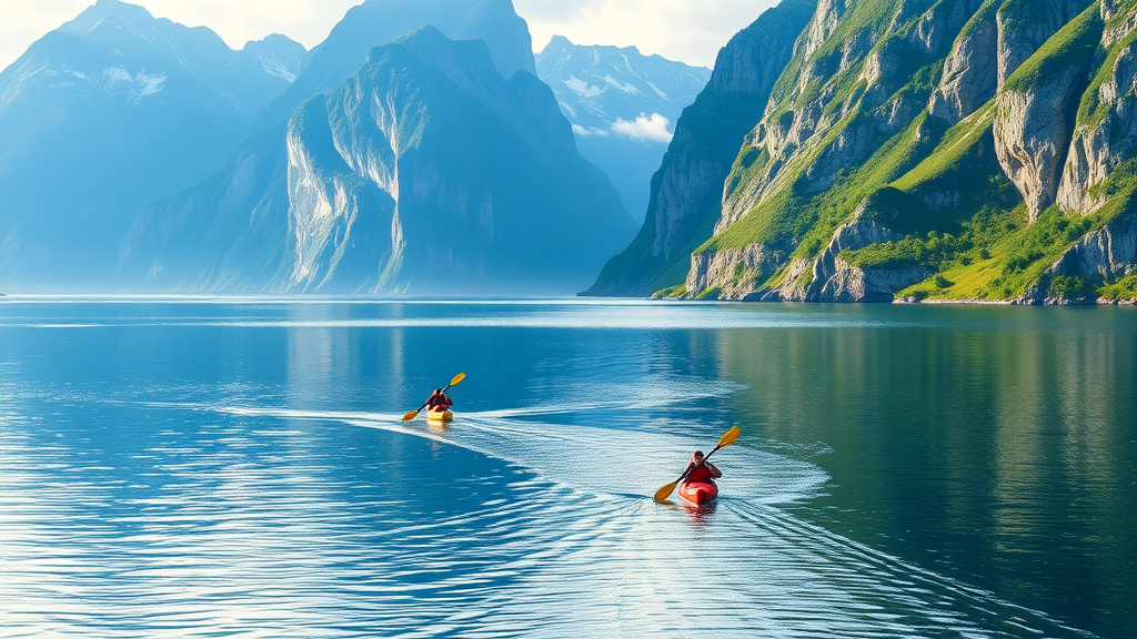 Two kayakers paddling in a serene Norwegian fjord with mountains in the background.