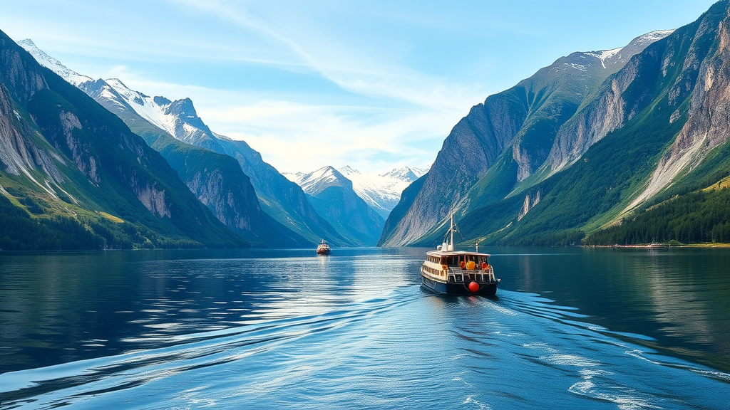 A scenic view of Norway's fjords, featuring mountains and a boat on calm waters.