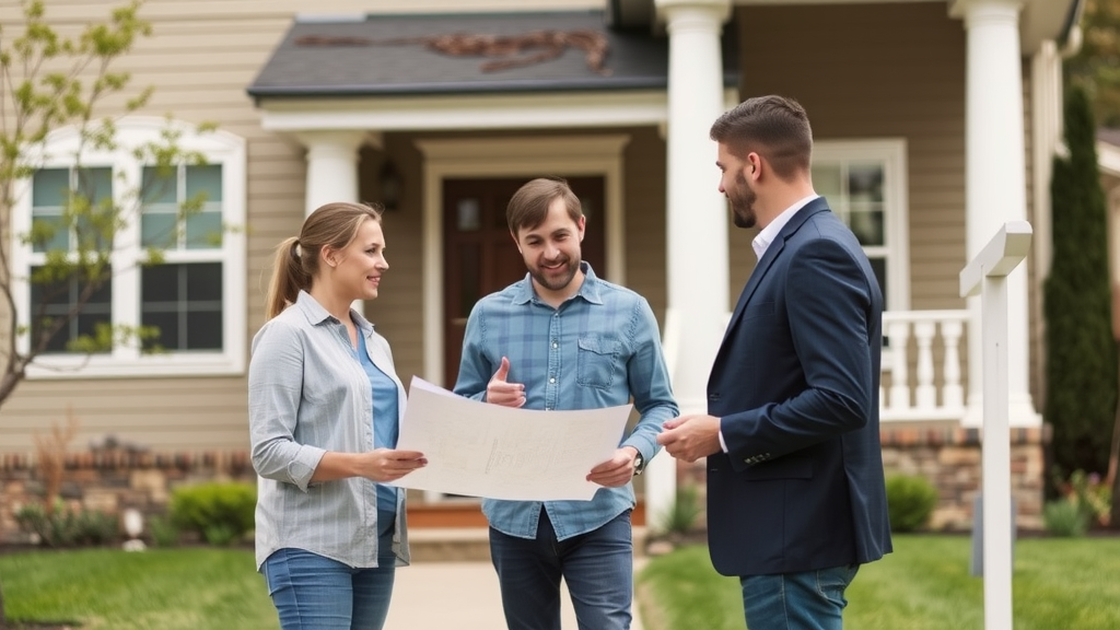 A group discussing a house for sale in front of a home with a for sale sign.