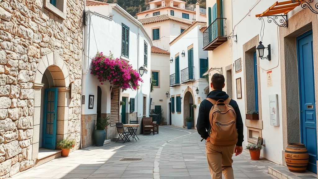 A traveler walking through a picturesque Greek village with stone houses and blooming flowers.