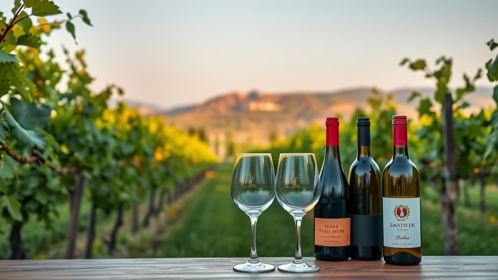 A table set with glasses and bottles of Greek wines in a vineyard.