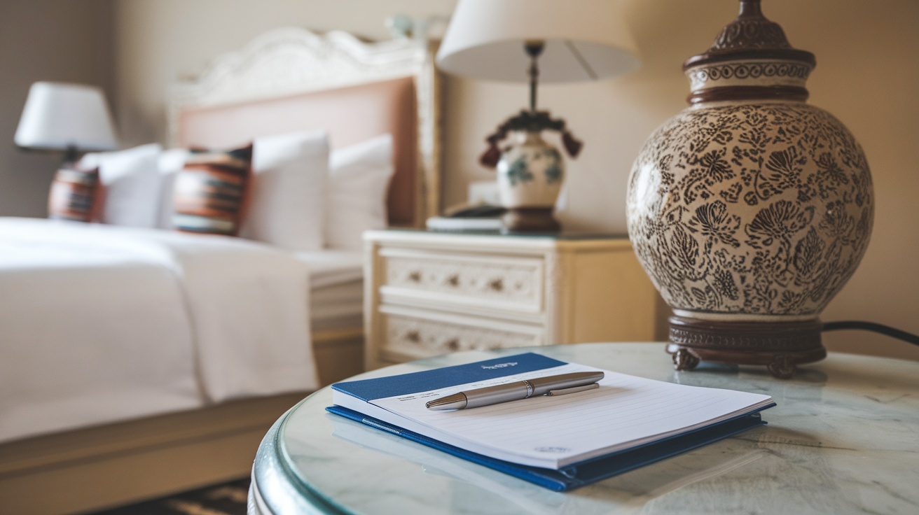 A notepad and a pen on a table beside a bed in a hotel room.