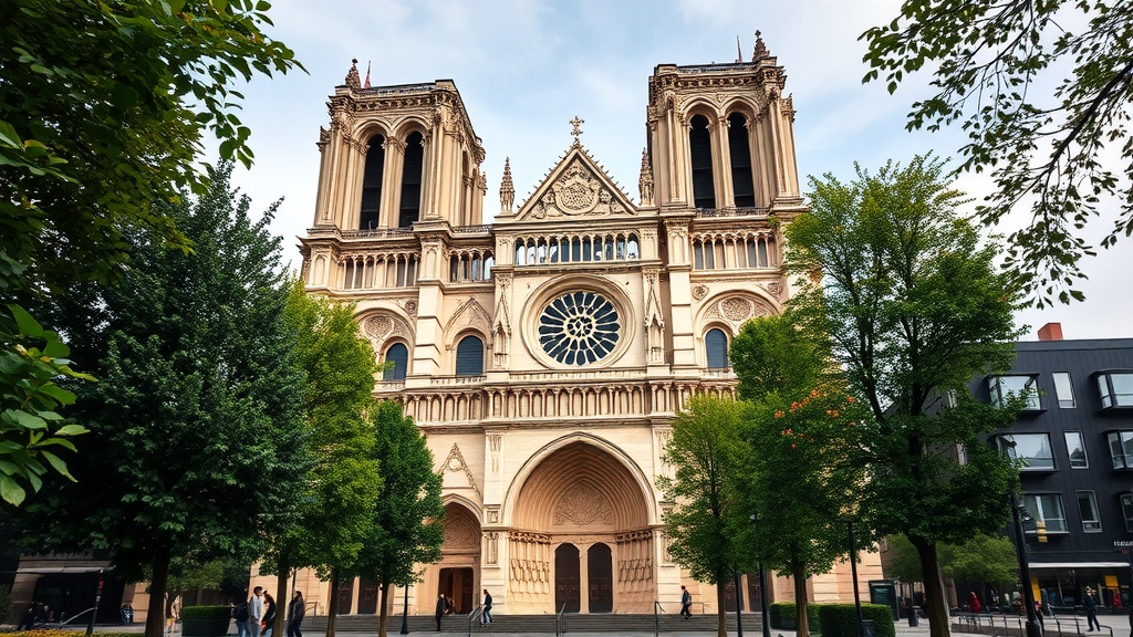 Front view of Notre-Dame Cathedral surrounded by trees