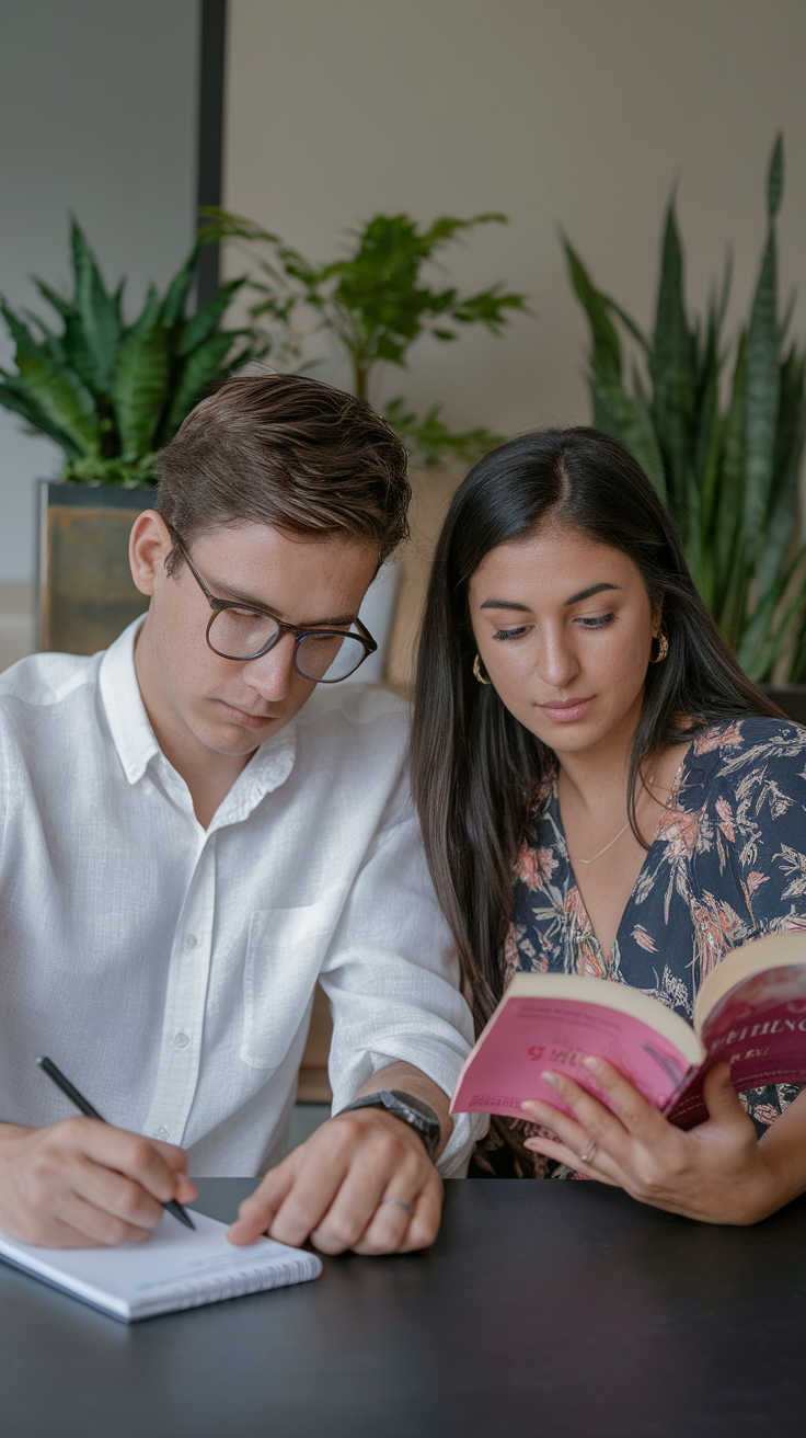 A couple sitting together, with one writing notes and the other reading a book, surrounded by green plants.