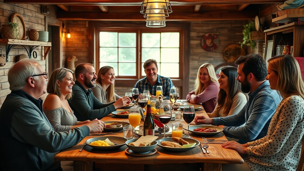 A group of friends enjoying a meal together, smiling and engaging in conversation.