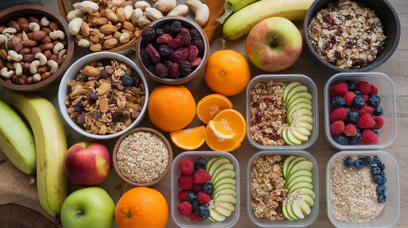 An assortment of healthy snacks including nuts, fruits, and granola for trekking nourishment.