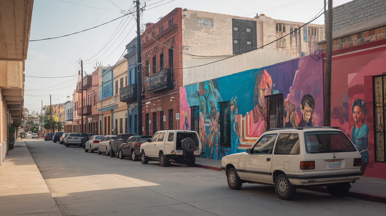 Colorful streets of Oaxaca with people walking and a market stall