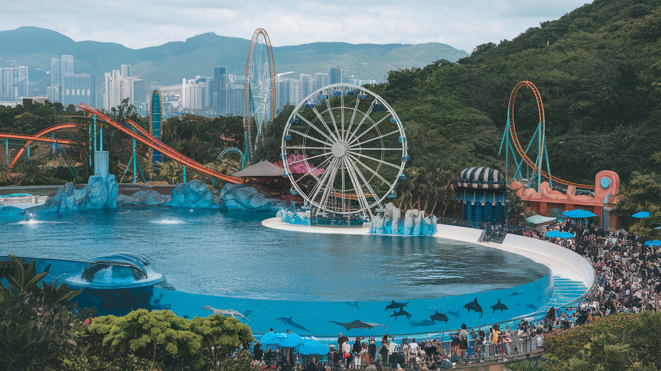 A scenic view of Ocean Park in Hong Kong featuring a Ferris wheel, roller coasters, and a large body of water.