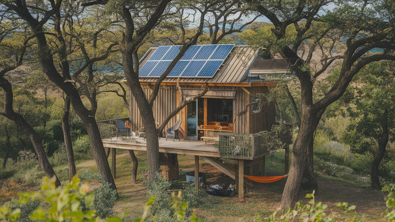 A treehouse with solar panels surrounded by trees