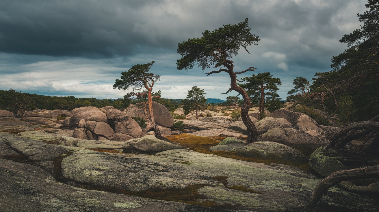 A rocky landscape with trees under a cloudy sky.