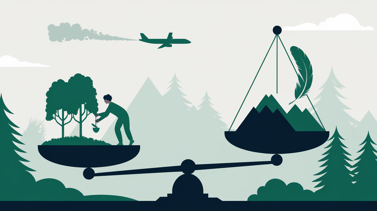 Illustration showing the relationship between travel emissions, carbon offgrams, and tree planting.