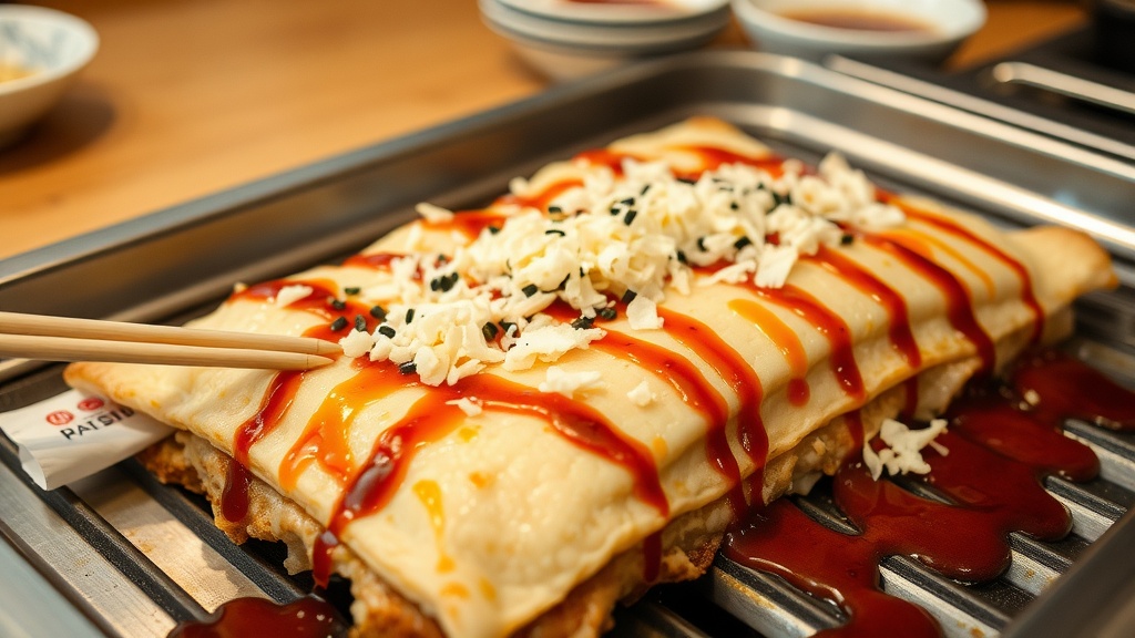 A plate of okonomiyaki topped with sauce and cheese, ready to eat.