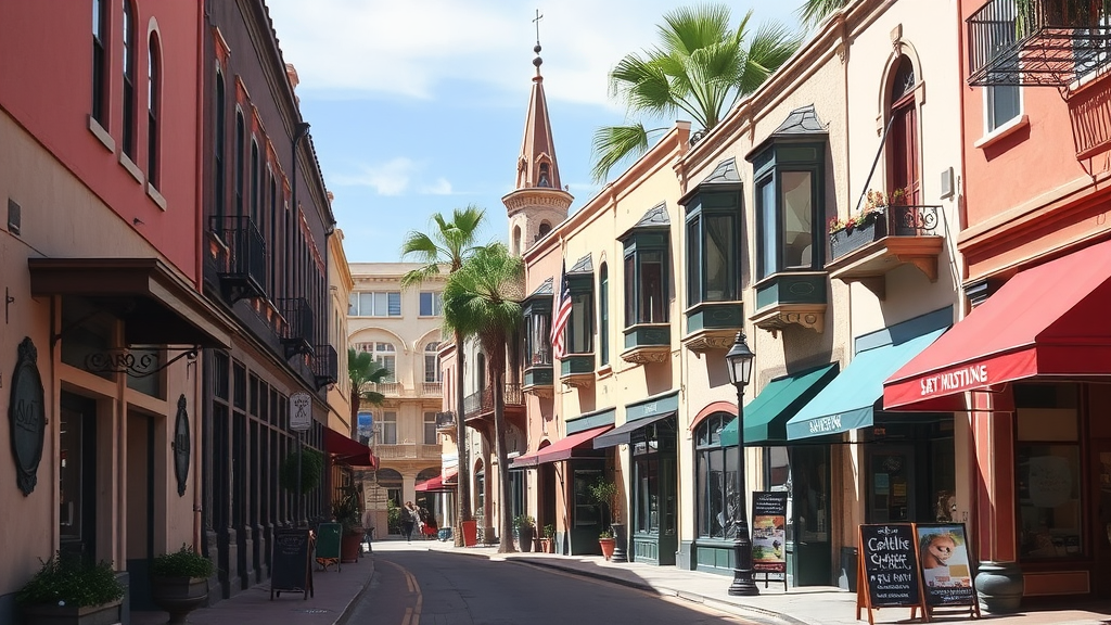 A picturesque street in Old Town San Diego with colorful buildings and palm trees.