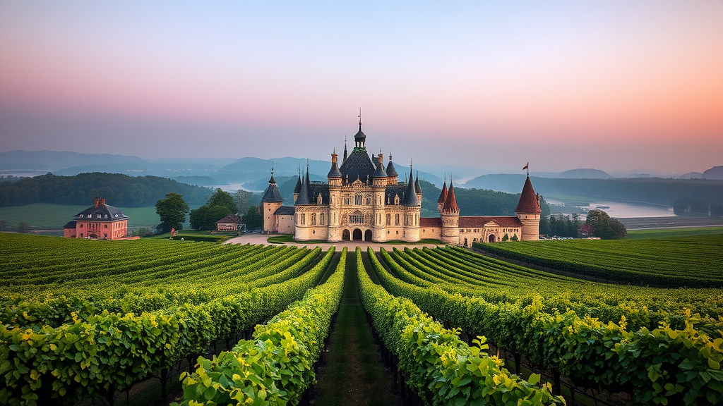 Vineyards and a castle in the Loire Valley at sunset.