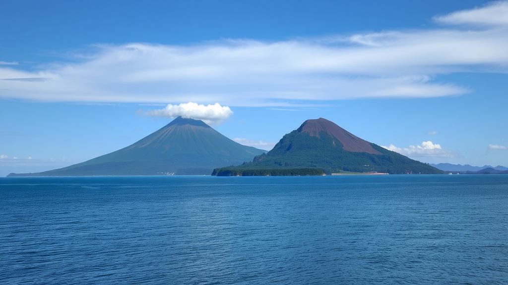 A panoramic view of Ometepe Island with two volcanoes surrounded by calm blue waters.