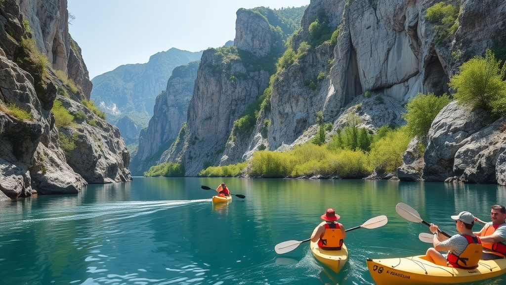 Kayakers enjoying the serene waters of Cetina River Canyon surrounded by high cliffs