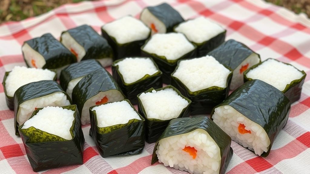 A variety of onigiri rice balls wrapped in seaweed on a checkered cloth.