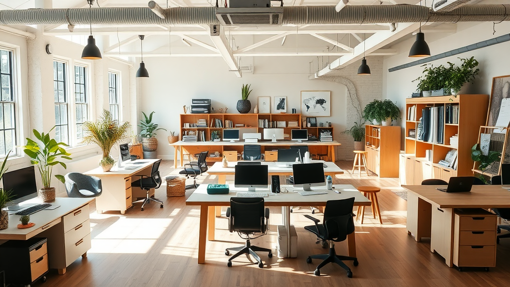 An open-concept office space with multiple desks, computers, and plants.