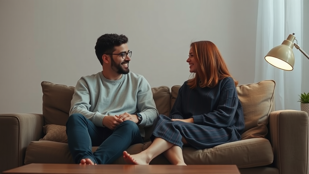 A couple sitting on a couch, smiling and engaged in conversation.