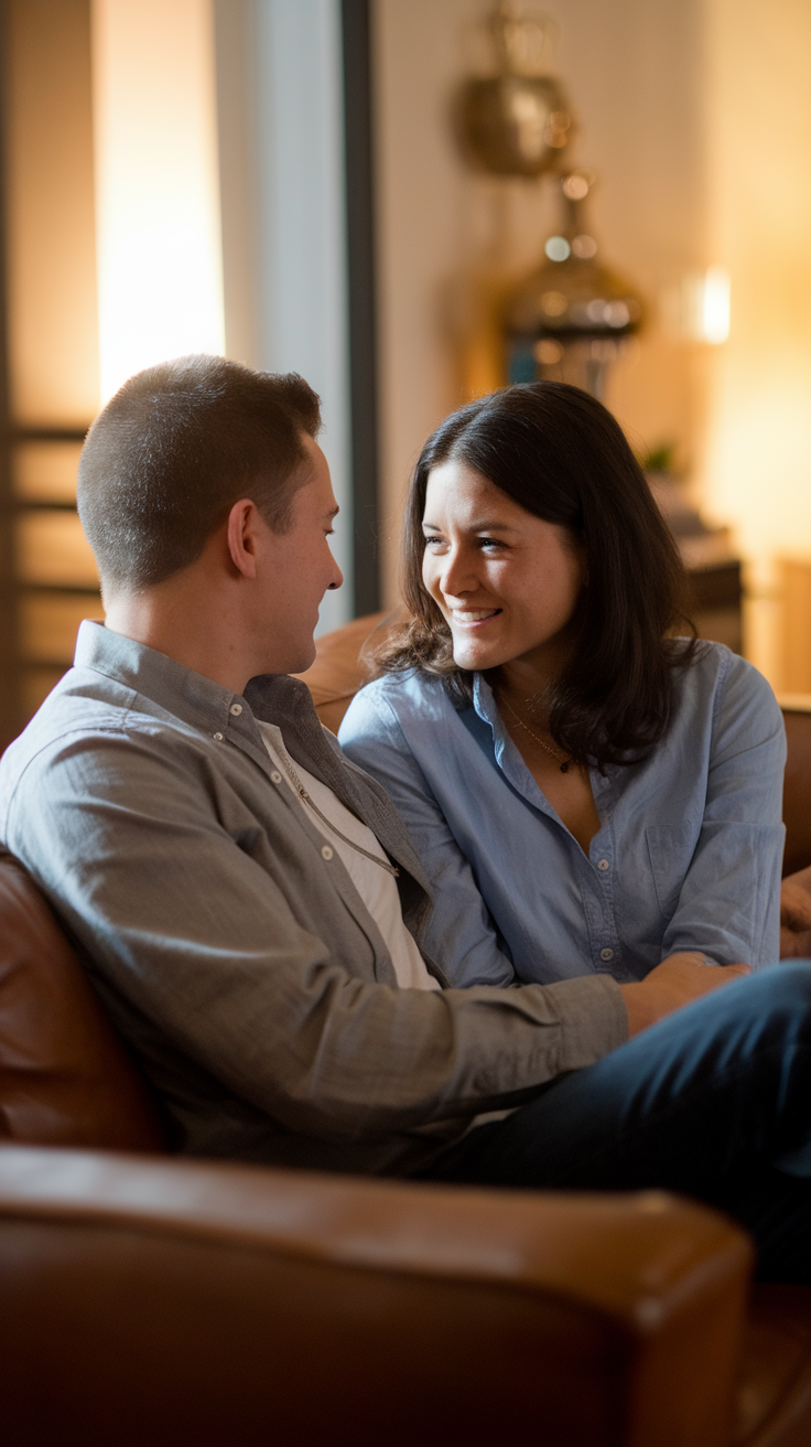 A couple sitting together on a couch, smiling and engaging in conversation.