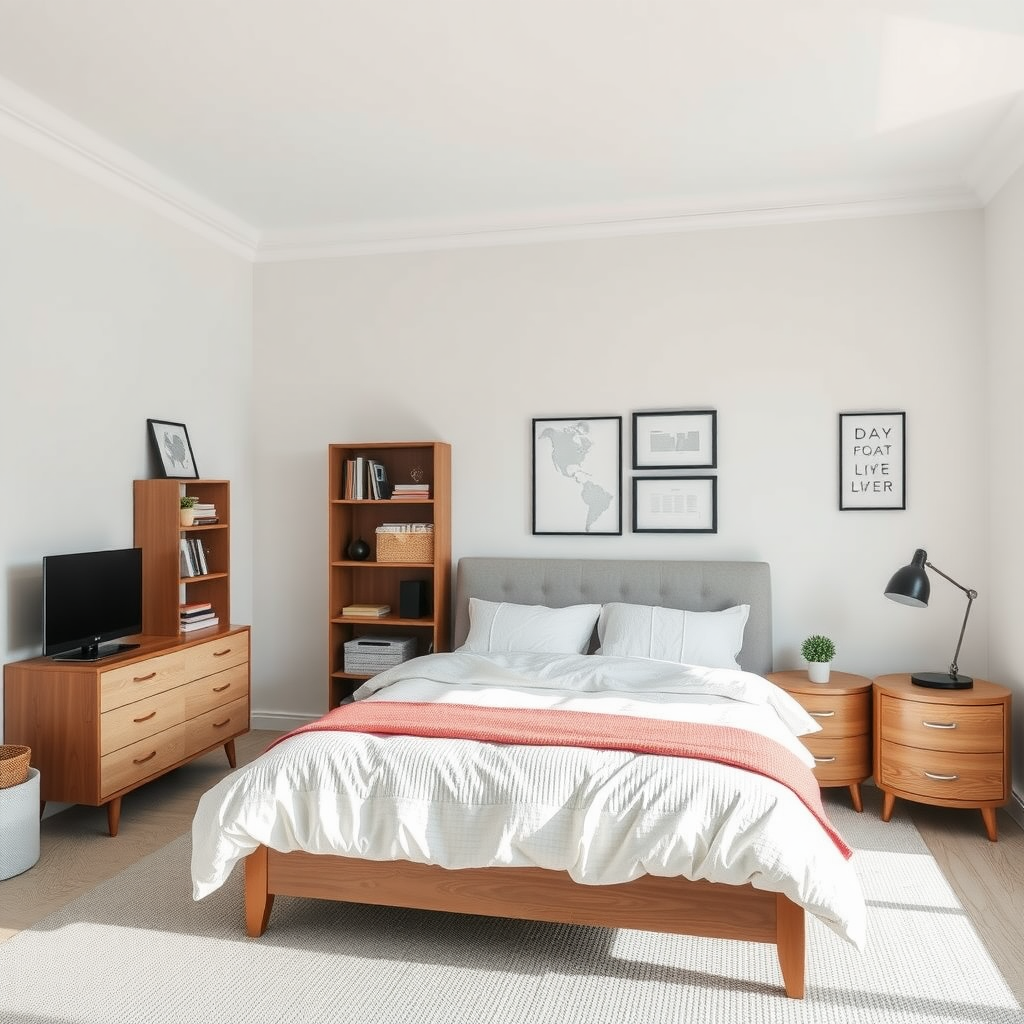 A bright, organized bedroom with minimal furniture, featuring a bed, side tables, and a TV stand.