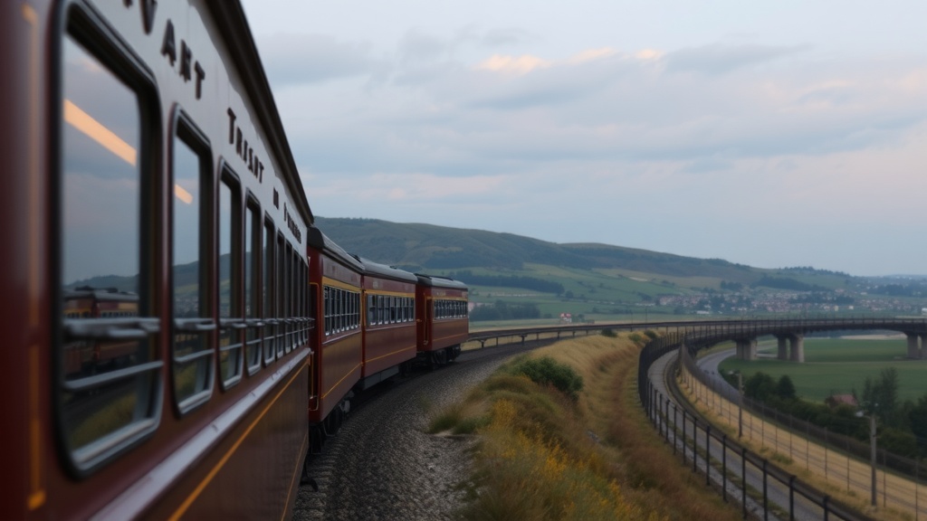 Train traveling through scenic European countryside