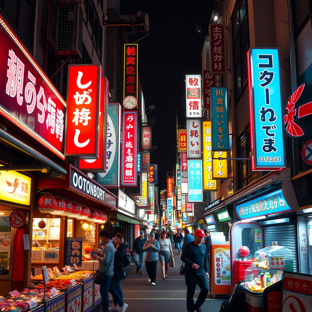 Lively street in Osaka illuminated by colorful neon food signs at night