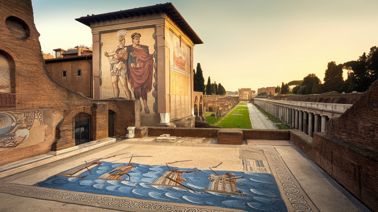 Ruins and mosaics of Ostia Antica, the ancient port city near Rome.